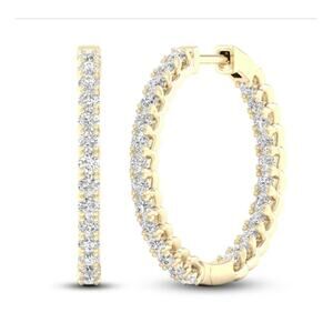 Inside Out CZ Push Button Hoop Earrings 14K Yellow Gold Plated 925 Silver 1.5”